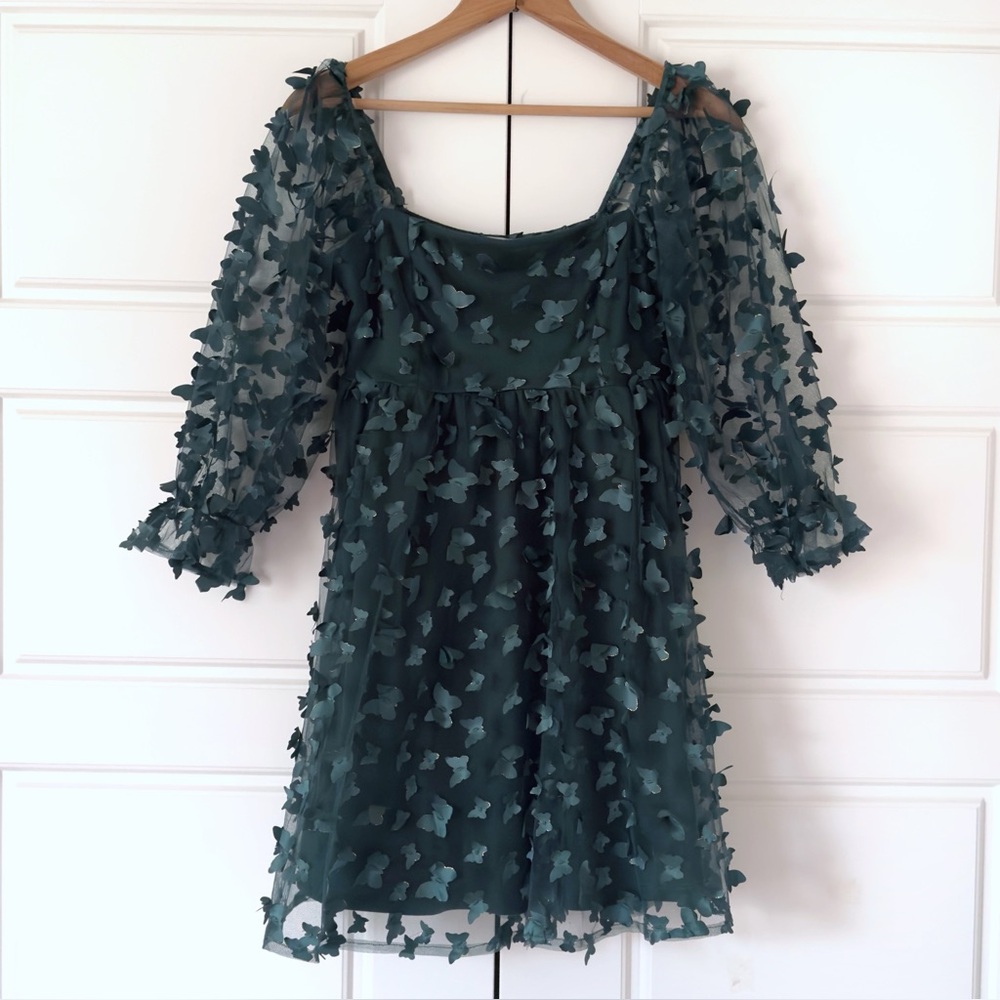 Thirty Thirty LA Y2K Babydoll Dress Small Green Butterflies 3D Whimsigoth Fairy